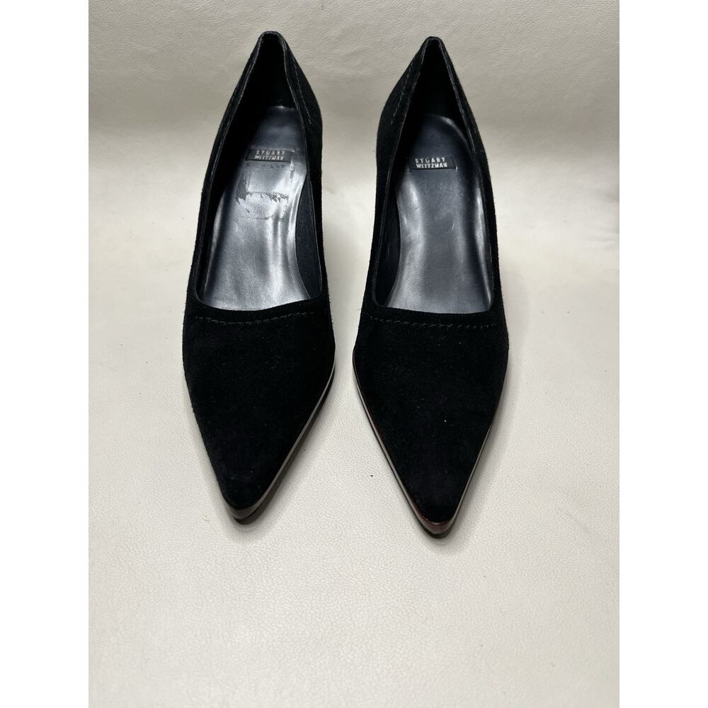 Vintage Y2K Stuart Weitzman Suede Point Toe Pumps Black Faux Wooden Heel Size 8 - Picture 5 of 9